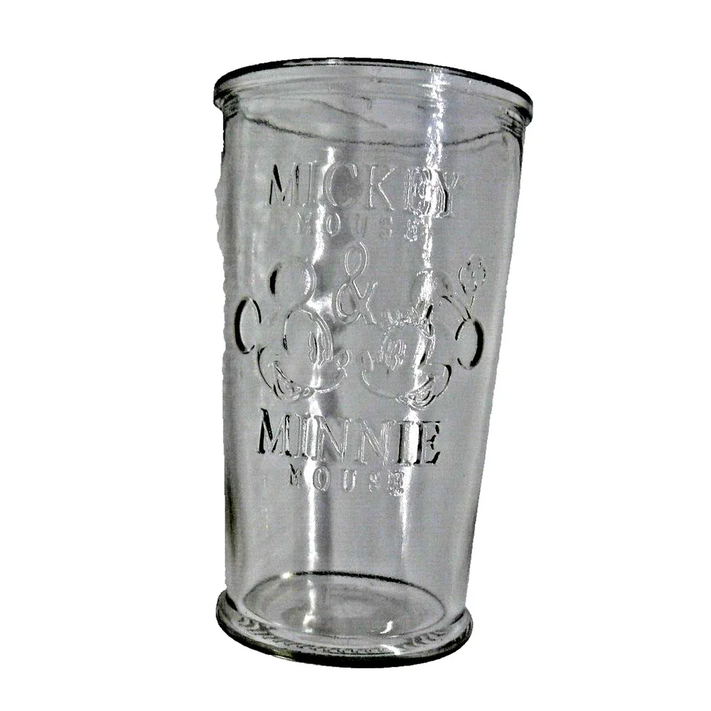 Rare DISNEY Mickey Mouse & Minnie Mouse Clear Drinking Glass 6 in, Marked 1, Vtg